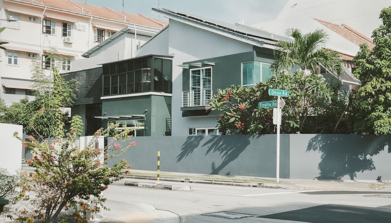 Quiet Telok Kurau landed housing street with mature trees and rebuilt terrace homes