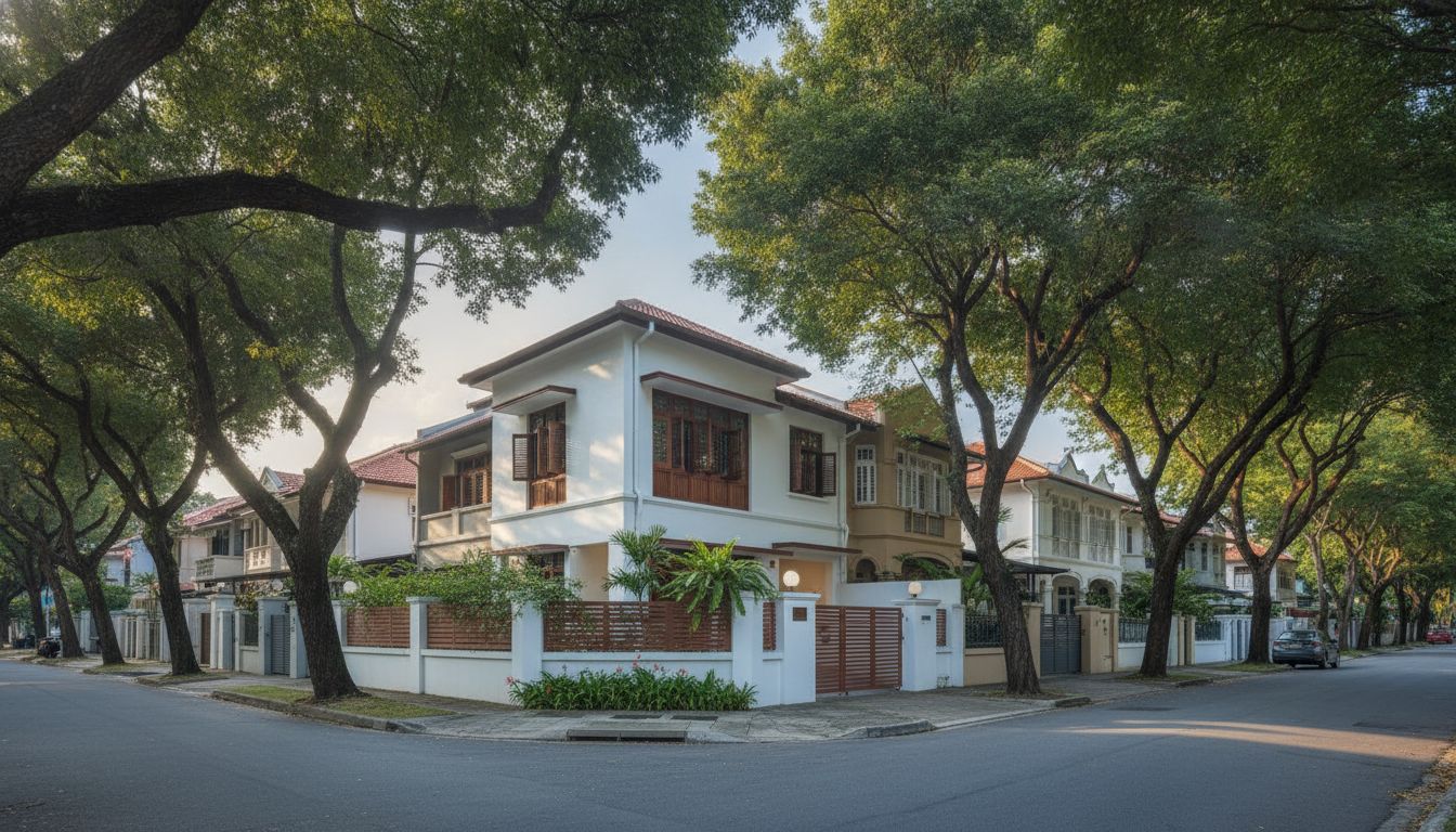 A serene landed residential street in District 15, Singapore, at golden hour